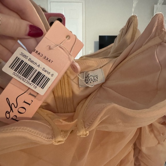 NWT Oh Polly nude colored long sleeve dress with ruching - Picture 7 of 7